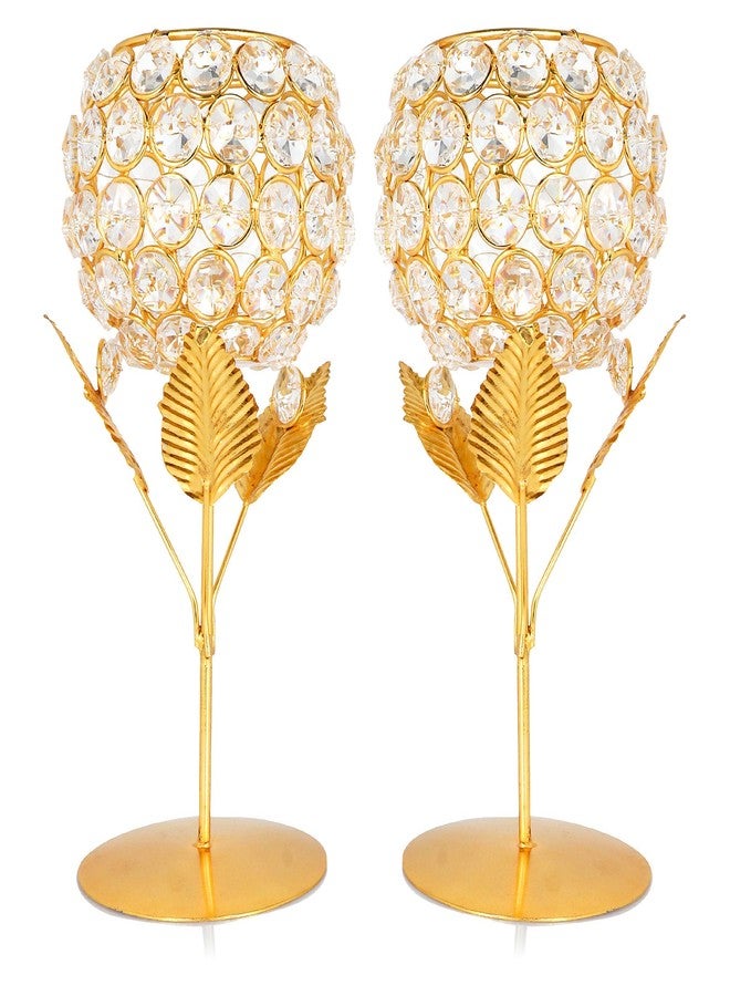 obbi Beautiful Crystals Rose Gold Polish Candle Holder for Decoration Set of Two 9 inches (Big Size), Metal - Image 3